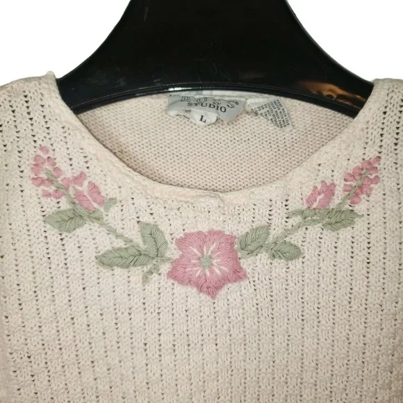 VTG Chain/Waffle Knit Short Sleeve Sweater Pastel Pink Embroidered Rose Floral - Picture 2 of 5